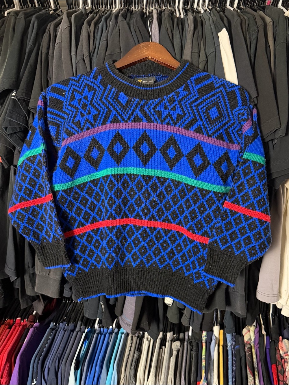 Vintage 90s Sir Michaels Knit Crewneck Sweater Women Small Blue Geometric Preppy